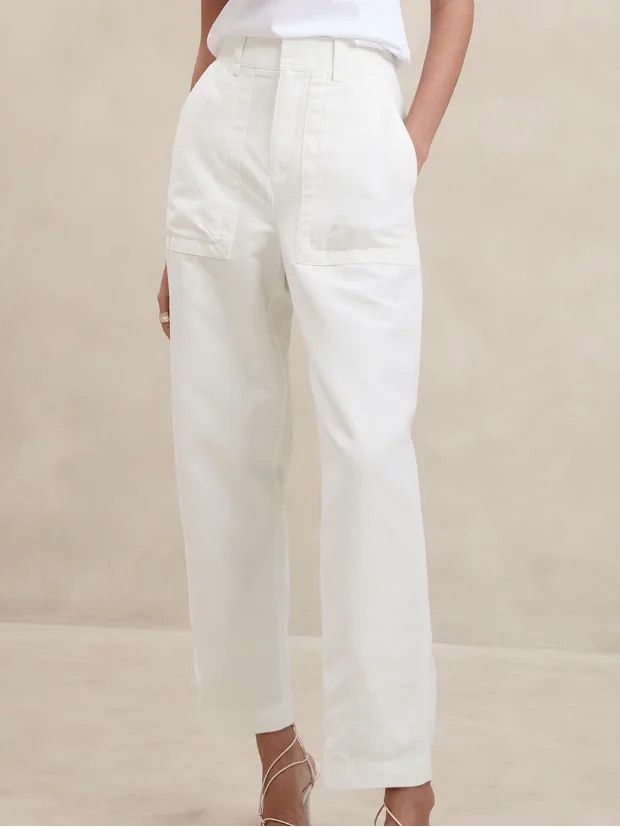Banana Republic White Cotton Linen Carpenter Wide Leg Utility Pants 10 Petite